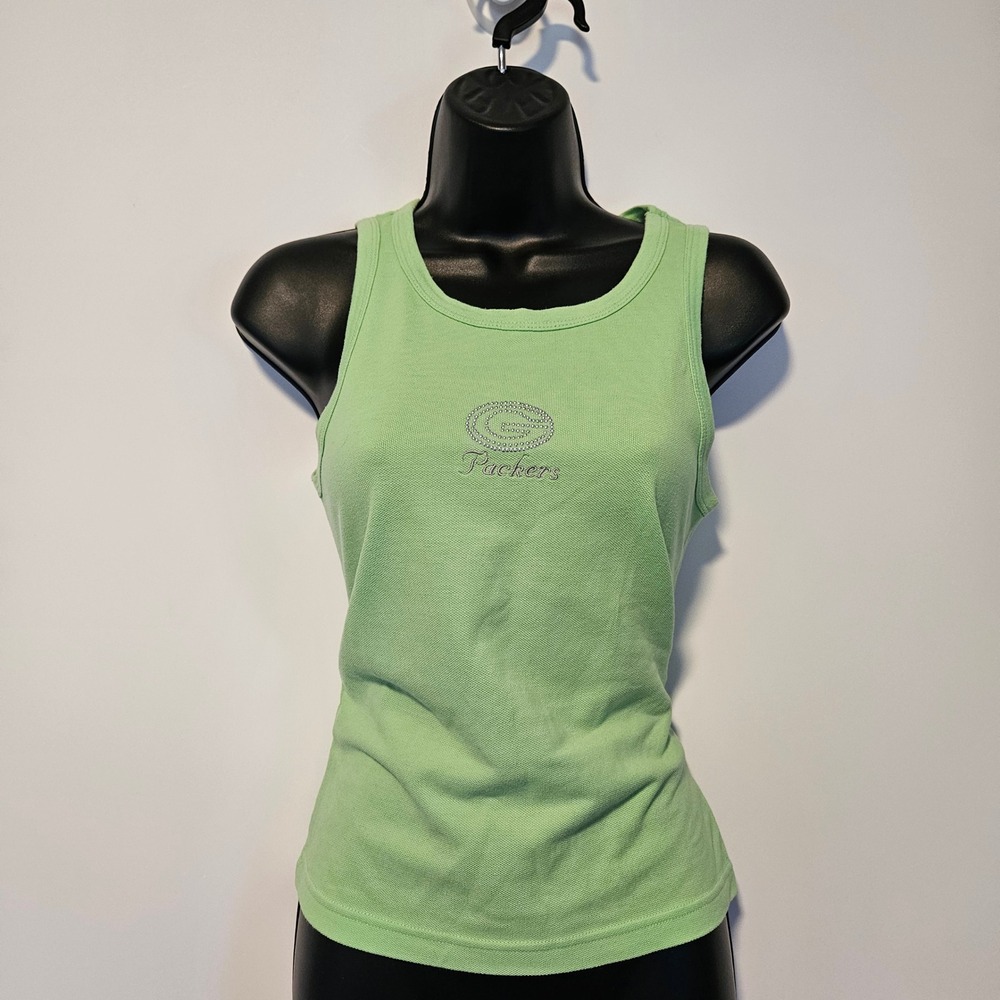 Green Bay Packers Womens Small Tank Top Y2K Rhinestone Logo Green Shirt Football
